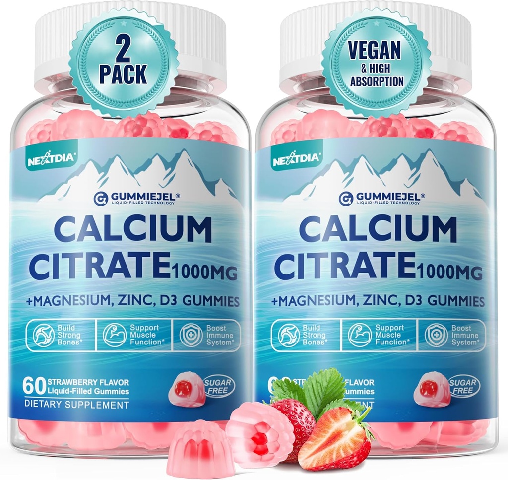 Calcium-Zitrat 1000mg, Kalzium-Gummi mit Calcium & Magnesium 2:1 Ratio, Plus Vitamin D3, Zink, B6 & Kalium – Hohes absorbierbares Kalzium Kaubare, Knochen & Muskelunterstützung, Vegan, Zuckerfrei, 120Cts