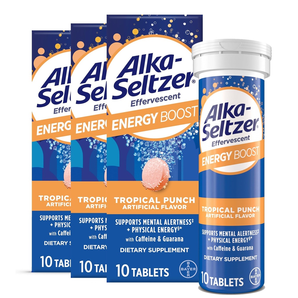 Alka-Seltzer Energy Boost: Koffein & Guarana, B Vitamine, Unterstützt Psychische Alertness und Physische Energie, Tägliche Energieergänzung, Fizzy Tablets, Sugar-Free, leichte Tropical Punch Flavor, 30ct
