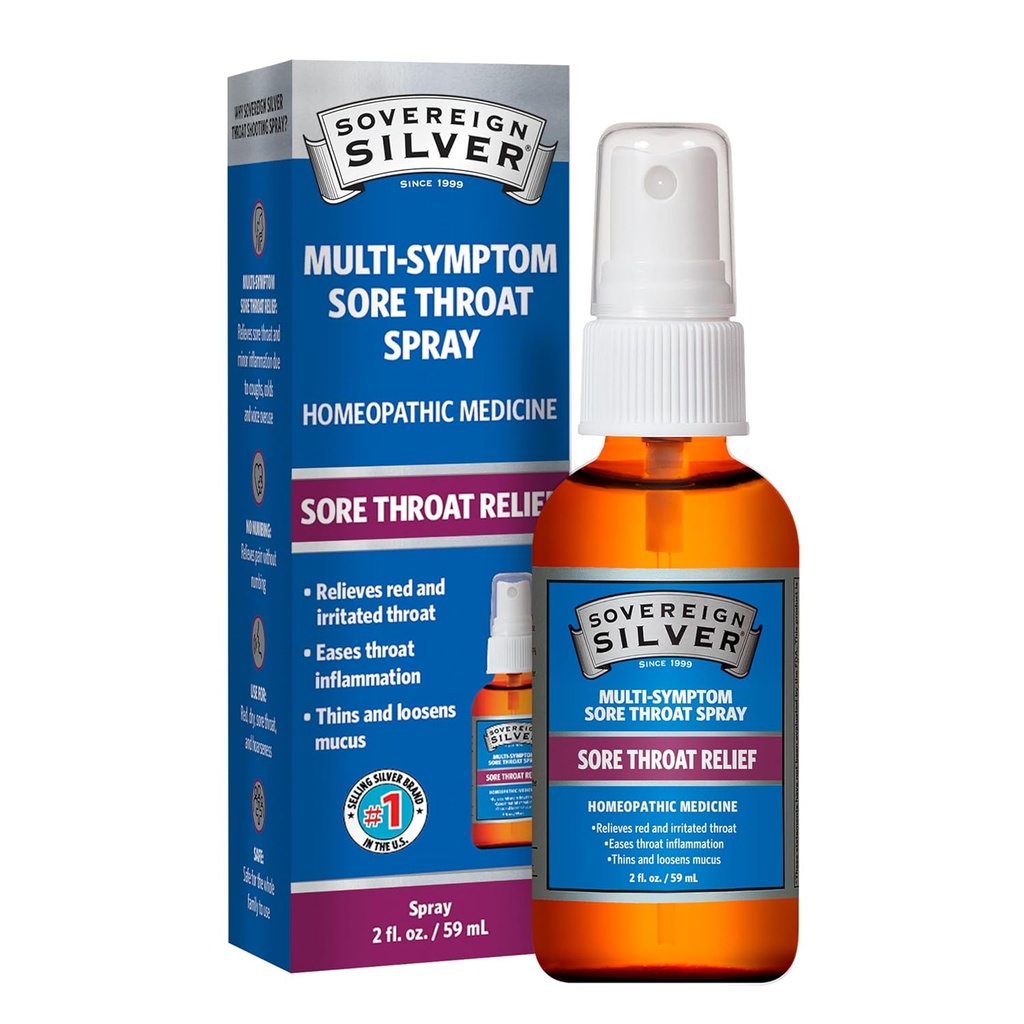 Sovereign Silver Sore Throat Spray - Colloidal Silver Throat Spray, Immune Support Supplement for Adults and Kids, Daily Use Liquid Argentum Nitricum Solution - 2 fl oz (59mL)