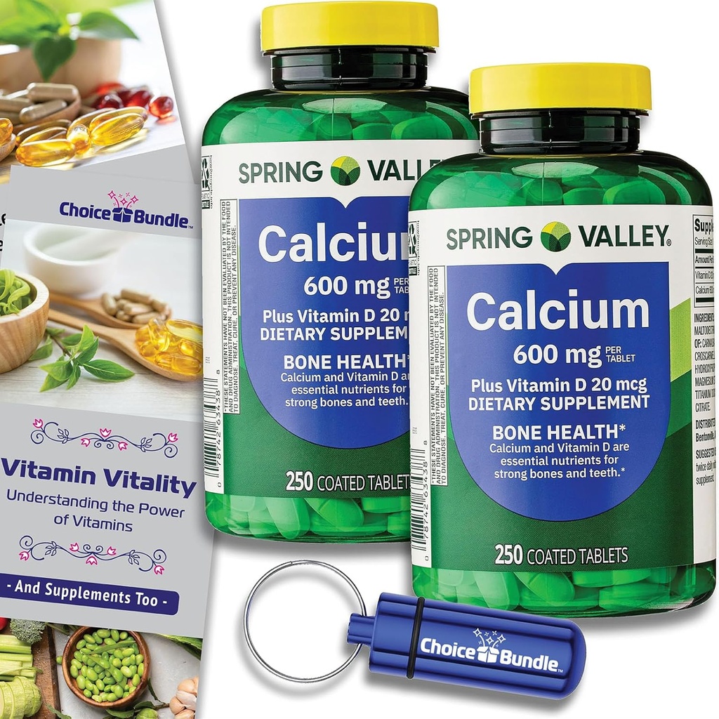 Wählen Sie Bundle Spring Valley Calcium Plus Vitamin D Tabletten 600 mg 250 Ct 2 pk (500 Gesamt) + “Vitamin Vitalität” Guide & Pill Container (4 Artikel)!