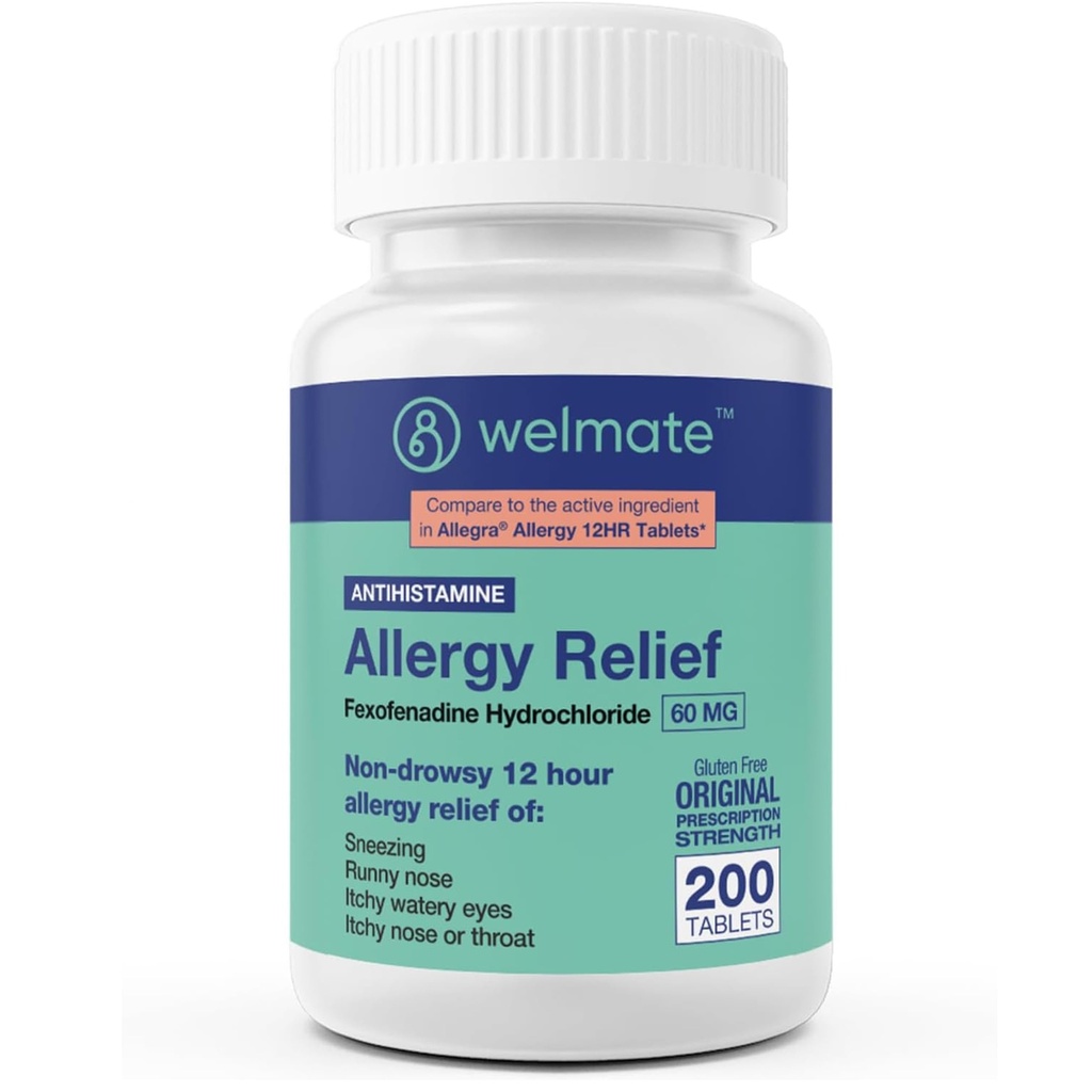 WELMATE - Allergy Relief - Fexofenadin HCl 60 mg - 12 Hour Non-Drowsy Antihistamine - Sneezing - Runny Nose - Itchy Eyes, Nose & Throat - Allergy Relief Tablets - 200 Count