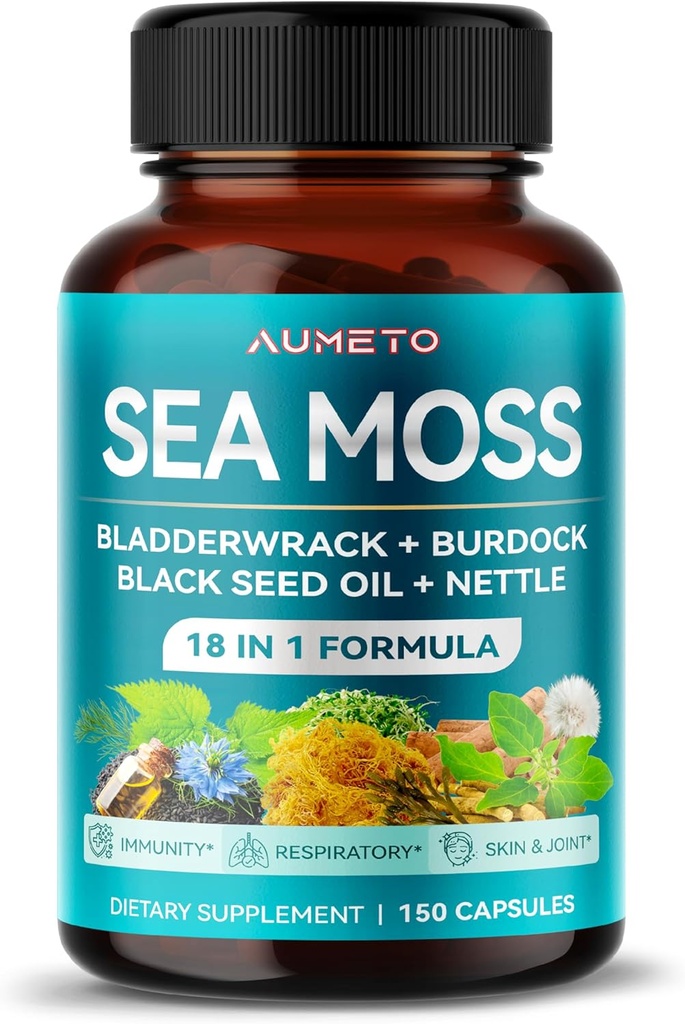 Premium Sea Moss Ergänzung mit schwarzem Seed Öl, Ashwagandha, Bladderwrack, Nettle- Advanced 18-in-1 Formel für Immunität Boosting, Mineral-Rich - Made in USA (150 Count (Pack von 1))