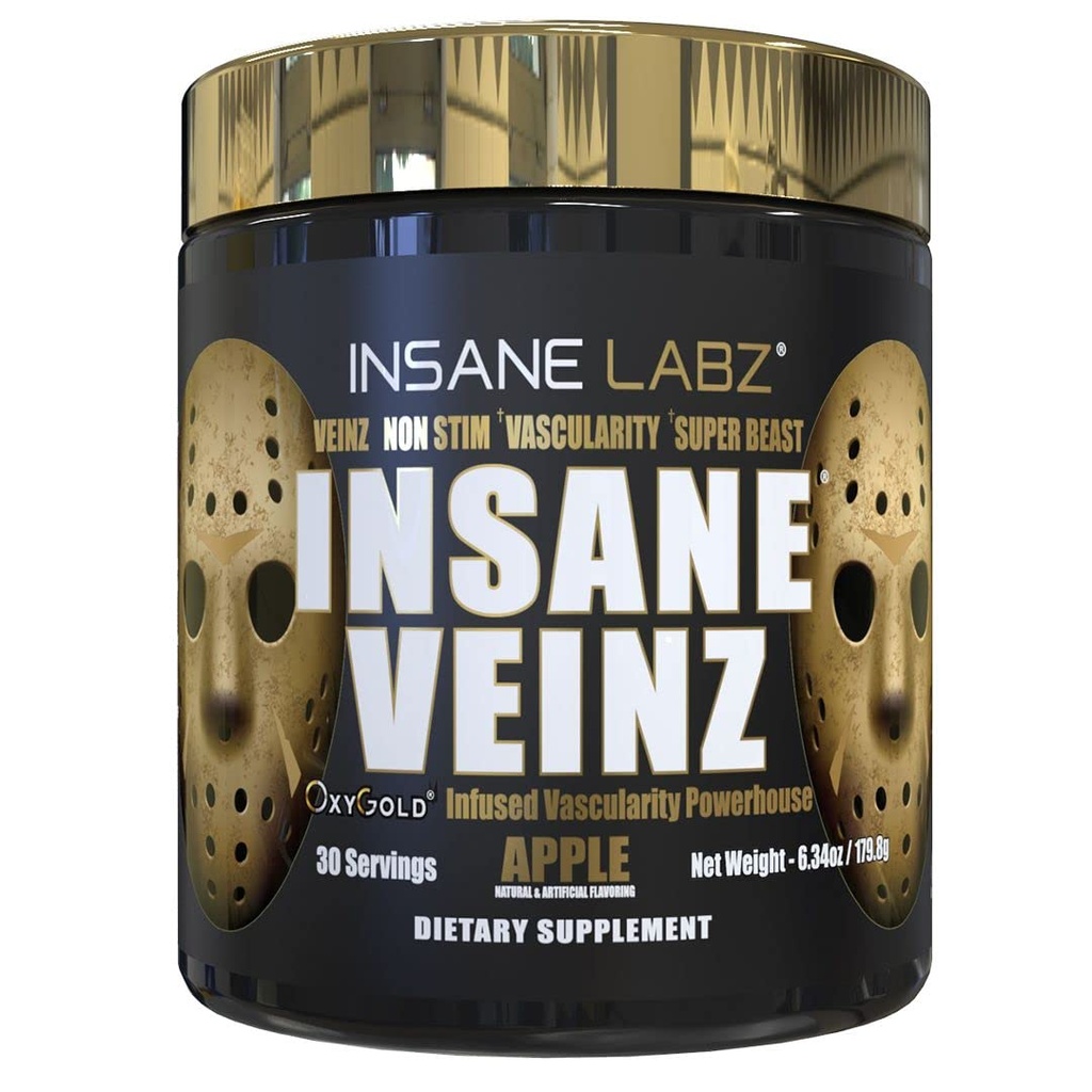 Insane Labz Insane Veinz Gold, Nitric Oxide Non Stimulant pre Workout Powder, geladen mit Hydromax, Nitrosigin, erhöht Vaskularität und Blutfluss, 30 Srvgs, Apple