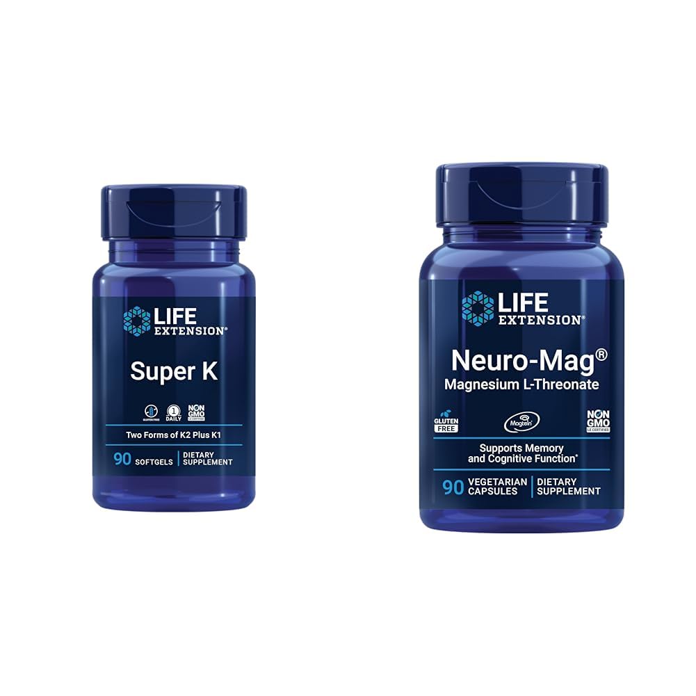 Lebensverlängerung Super K, Vitamin K1, Vitamin K2 mk-7, Vitamin K2 mk-4 & Neuromag Magnesium L-Threonat, Magnesium L-Threonat