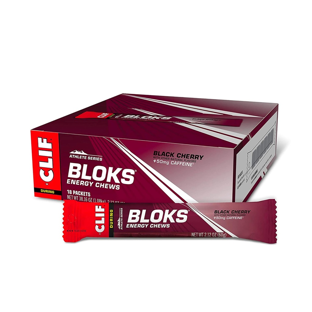 CLIF BLOKS - Schwarze Kirsche Flavor mit Koffein - Energy Chews - Non-GMO - Plant Based - Fast Fuel for Cycling and Running - Schnelle Kohlenhydrate und Elektrolyte - 2.12 Unze (18 Graf)