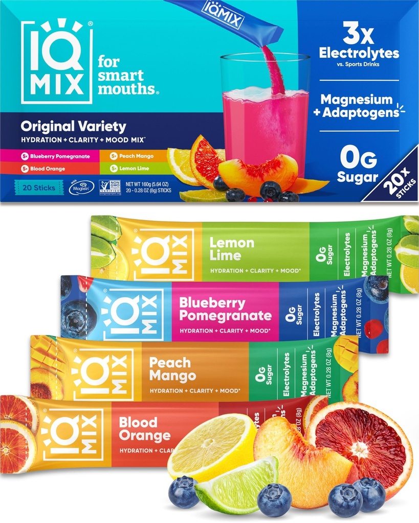 IQMIX Hydration Elektrolyt-Pulver – 4-in-1 Formel für Hydration, Psychische Klarheit, Stimmung und Erholung – Sugar-Free Drink Mix, Keto, Magnesium L-Threonate, Lion’s Mane – 20 Count Variety Pack