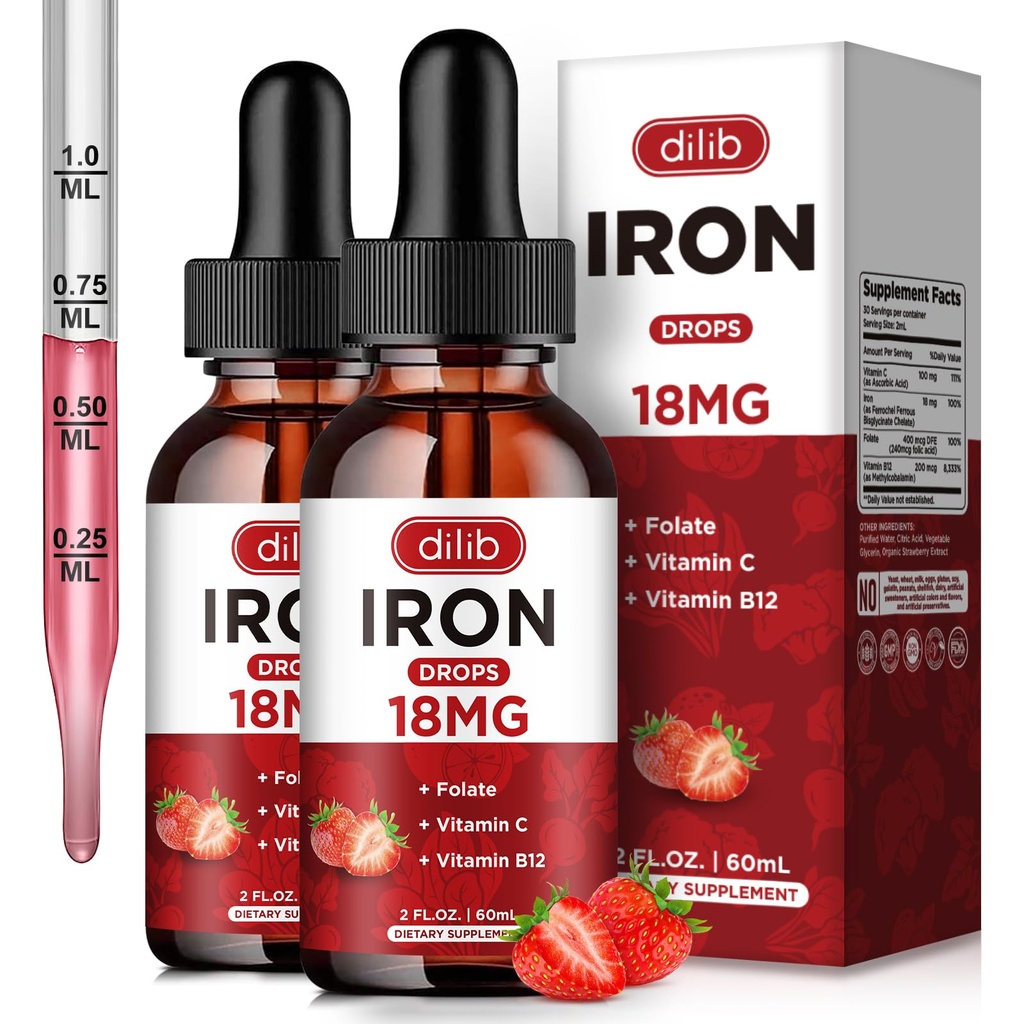 (2 Pack) Flüssige Eisen-Ergänzung für Frauen und Männer Eisen Tropfen Eisen Ergänzungen für Anämie mit Folat, Vitamin C, B12 für Rote Blutzellen Unterstützung-Strawberry, 4 Fl Oz