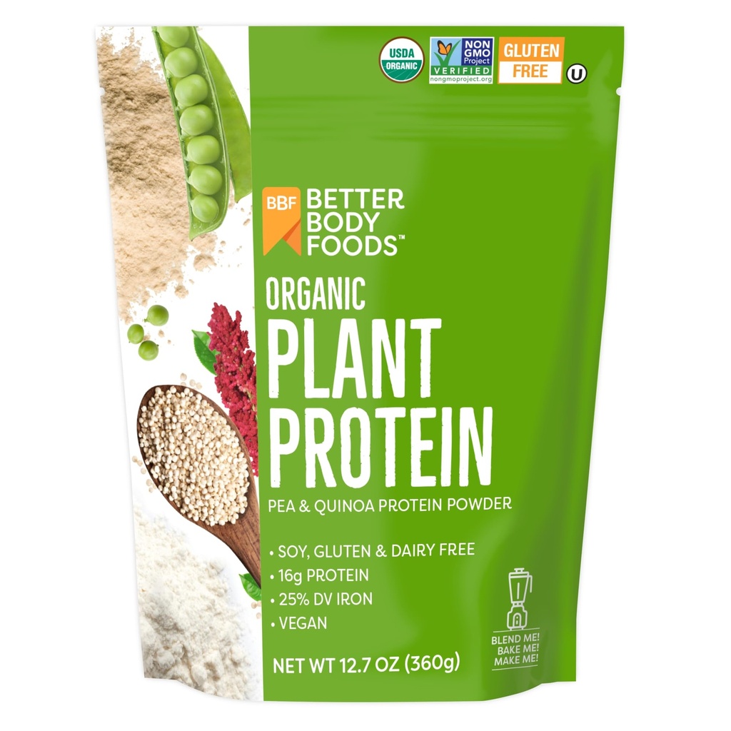 BetterBody Foods Organic Plant Based Protein Powder, 16g Protein 24% DV, Vegan, Low Net Carbs, Glutenfrei, Dairy Free, Ohne Zucker hinzugefügt, Soy Free, Non-GMO, 12.7 Unzen