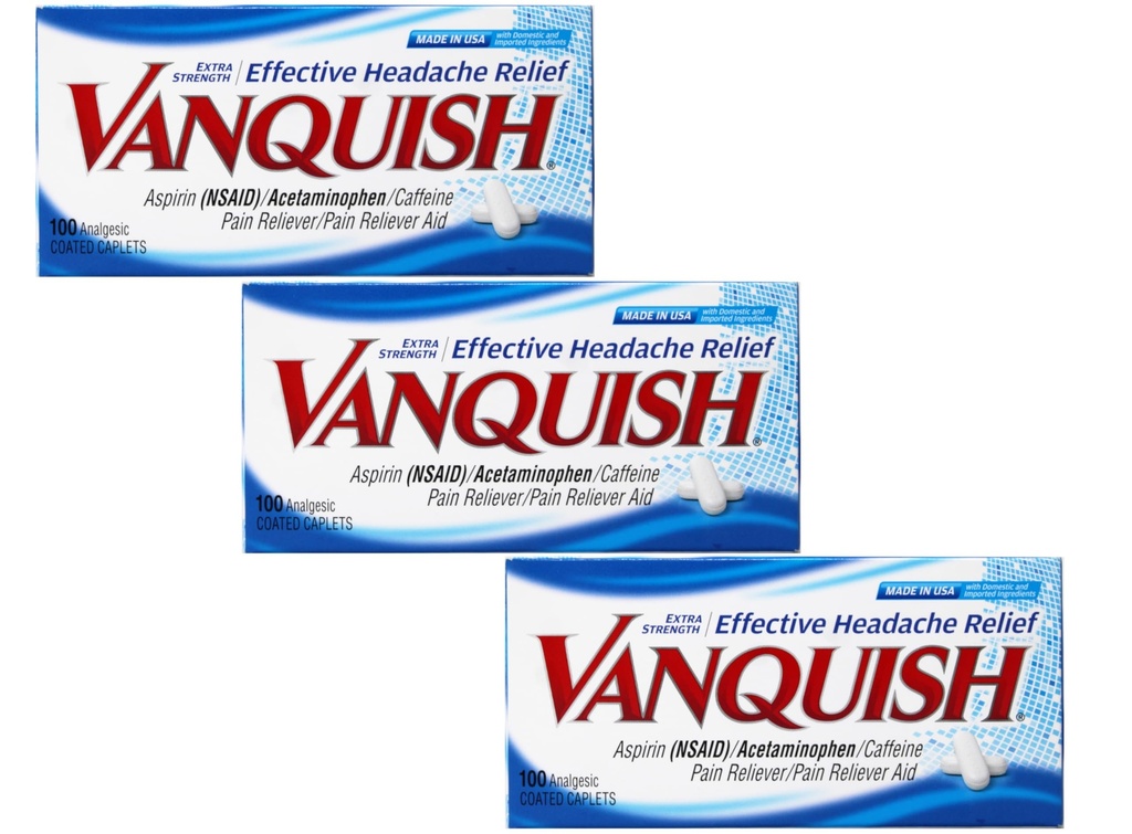 Vanquish Effektive Kopfschmerzen Relief – Aspirin (NSAID), Acetaminophen, Koffein, 100 Analgetik beschichtete Caplets - 3 Pack