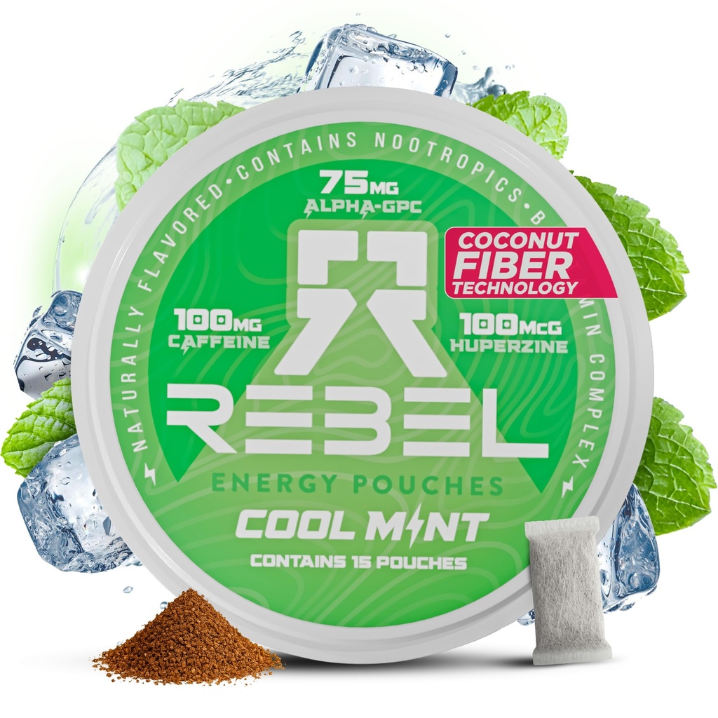 Nootropic Energy Caffeine Pouches • 100mg Koffein • Alpha GPC • Huperzine A & Essential Vitamine • Zuckerfrei • Kokosfasertechnologie • Cool Mint Flavor • 15 Pouches per Can (Pack mit 1)