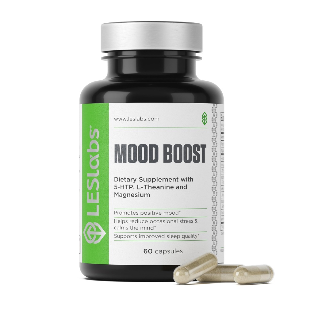 LES Labs Mood Boost – Soulagement du stress, support de l'humeur, relaxation profonde et mieux dormir – 5-HTP, Ashwagandha, Rhodiola Rosea, Magnésium, L-Theanine et GABA – Supplément non OGM – 60 capsules