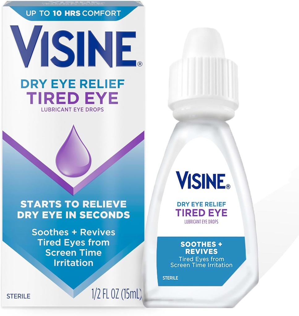 Visine Dry Eye Relief Müde Augenschmiermittel Augentropfen, Feuchtigkeitsspendende & beruhigende sterile Tropfen für bewässerte, trockene & müde Augen aufgrund von Screen Time Irritation, Polyethylen Glycol, 0.5 fl. oz