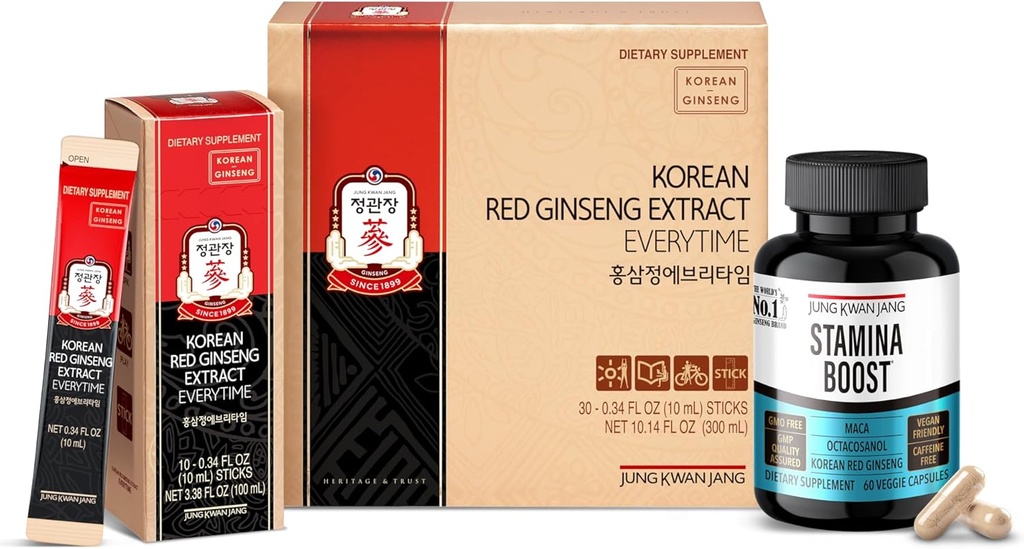 JUNG KWAN JANG Korean Red Panax Ginseng Energy Bundle - Extrahieren Sie jederzeit 3000mg Sticks (30 Zähler) & Men's Stamina Boost for Daily Vitality (60 Kapseln)