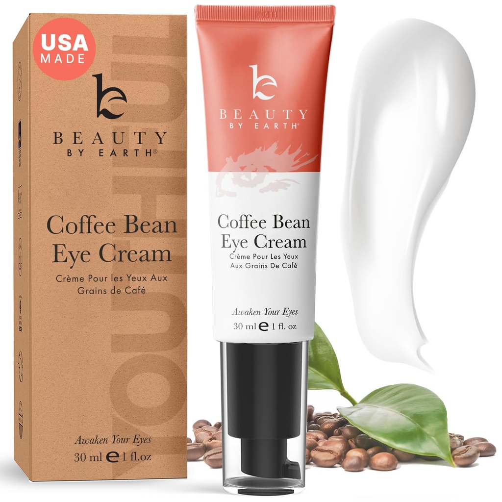 Beauté de la Terre Crème pour les yeux de caféine pour puffines et sacs sous les yeux - États-Unis Fabriqué avec des ingrédients naturels et biologiques, Crème pour les yeux pour les cercles noirs avec glycérine et vitamine E, Brightens et rafraîchis