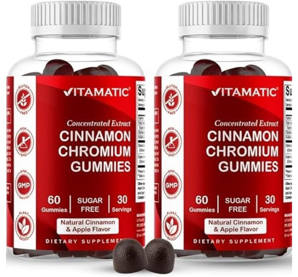 Gommies de chrome sans sucre vitamatiques avec cannelle Ceylan – équivalent de 2000 mg par portion (extrait 83 mg) – non-OGM, sans gluten – 60 Gommies végétaliens – 2 emballages