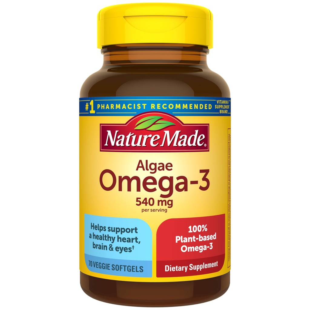 Nature Made Algae Oil Omega 3 Supplement 540mg, Omega 3 Fish Oil Alternative, 70 Veggie Softgels, Nachhaltige, pflanzenbasierte, für gesunde Herz, Gehirn und Augenunterstützung, 70 Softgels