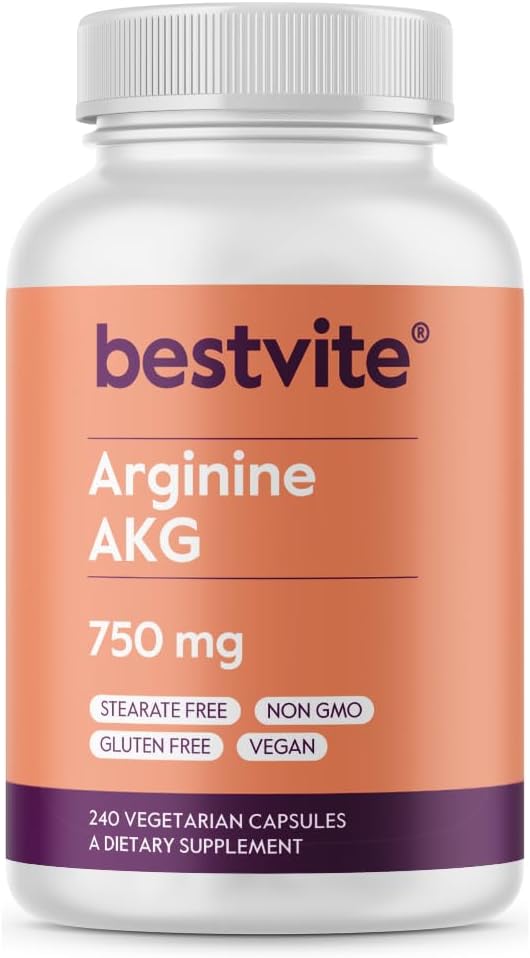 BESTVITE Arginine AKG 750mg (240 vegetarische Kapseln) - No Stearates - Vegan - Non GMO - Glutenfrei