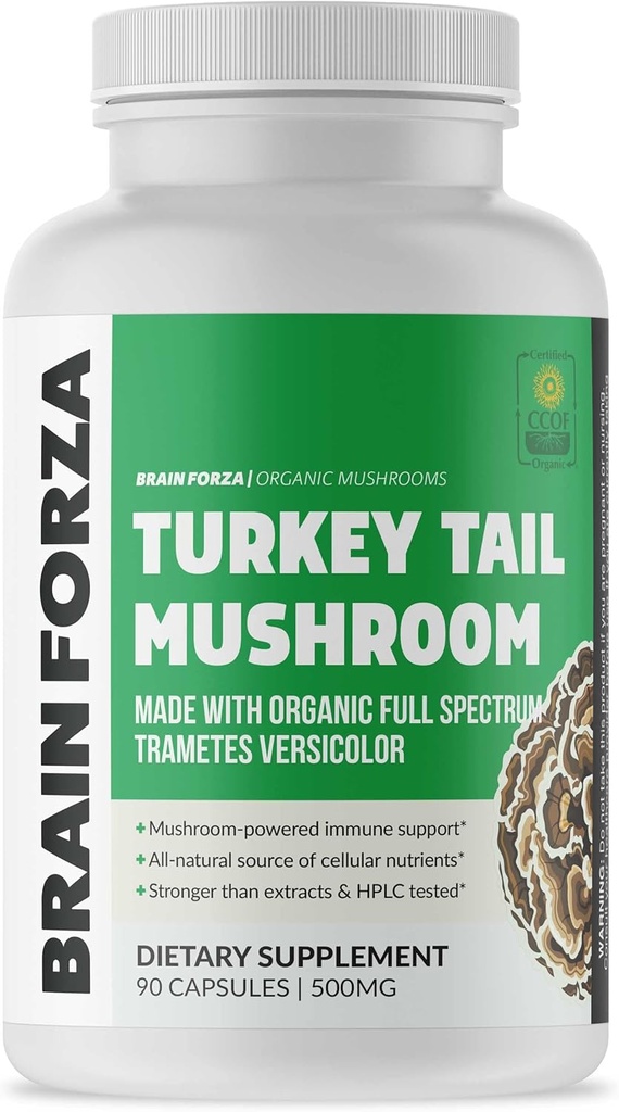 Brain Forza Organic Turkey Tail Mushroom Capsules, Mushroom Powdered Immmune Support, Liver and Digest Health Support, Organic Defense Support, Non-OGM, Vegan, Organic, 90 Capsules