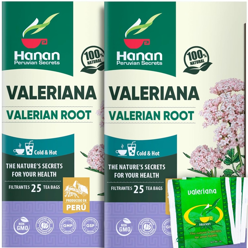Hanan Valerian Root Tea for Bedtime (50 Bags) - Te de Valeriana, Kräuterberuhigender Nachttee - 100% rein, Koffeinfrei, Non-GMO, Kräuter aus Peru - Paket von 2 Boxen