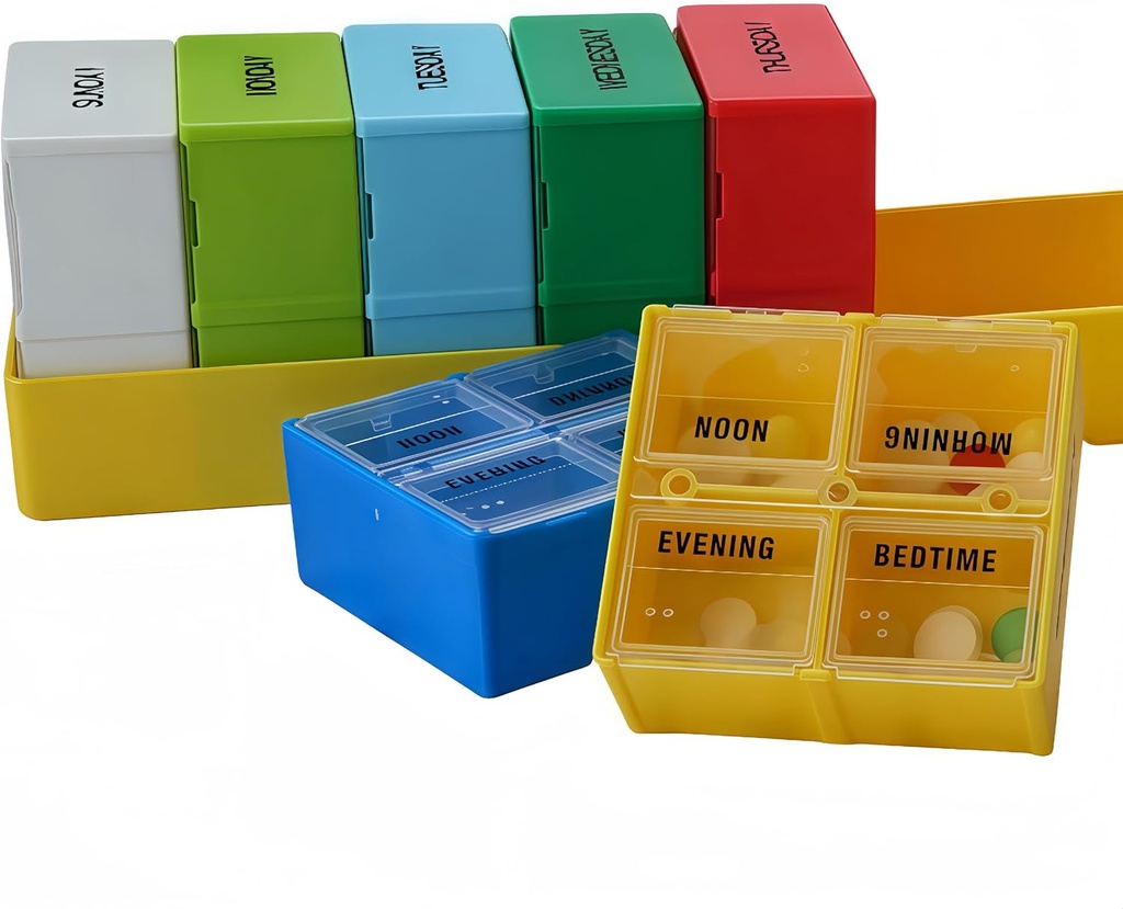 Grand cas de pilule hebdomadaire, compartiments de pilules de 7 jours, organisateur de pilules 4 fois par jour, contenant de pilules de 4 jours, compartiments sécurisés, 7,8 x 2,3 x 2,3 po, jaune