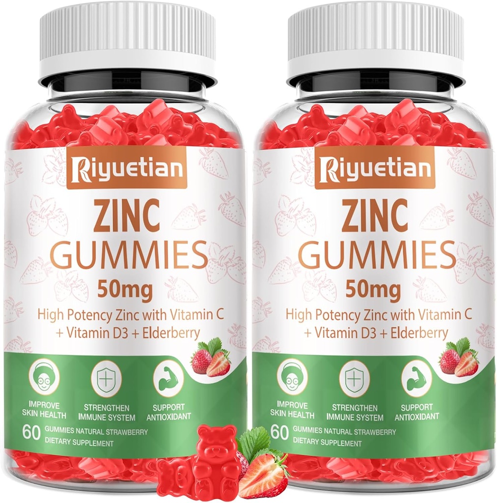 Zink-Gummien 50mg - Vitamin C, D3 & Elderberry, Echinacea, Zink Immun-Gesundheits-Gummien, Non-GMO, Natürliche Antioxidantien-Ergänzungen für Männer & Frauen, Vegan 2 Pack
