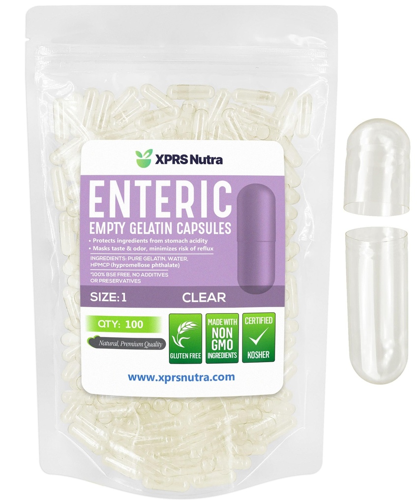 XPRS Nutra Size 1 Empty Capsules - 100 Count Clear Enteric Coated Empty Gelatin Capsules - Delayed Release Pills - DIY Capsule Filling - Pure Bovine Empty Enteric Gel Caps