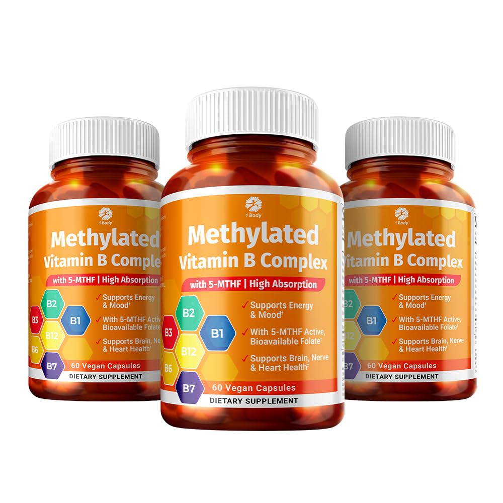 1 Body Vitamin B Complex 3 Pack – Bioverfügbare B Vitamine mit 5-MTHF Folate, B1, B2, B5, B6, Methyl B12, Niacin & Biotin – Non-GMO, Vegan, Made in USA