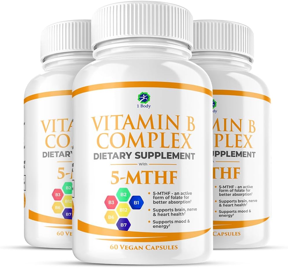 1 Corps Vitamine B Complexe 3 Pack – Biodisponible Vitamines B avec 5-MTHF Folate, B1, B2, B5, B6, Méthyl B12, Niacine & Biotine – Non-OGM, Vegan, Fabriqué aux États-Unis
