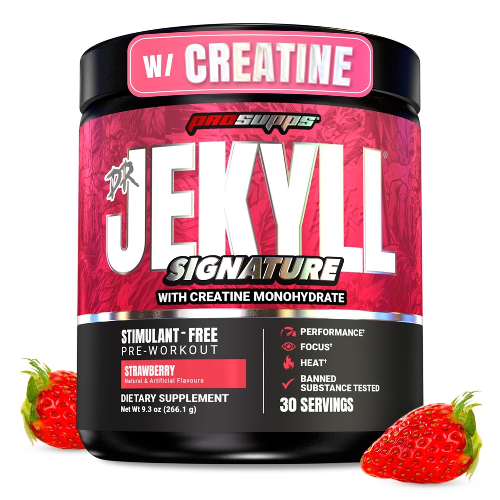 ProSupps Dr. Jekyll Signature Pre Workout Powder mit Kreatin - Stim-Free Preworkout unterstützt Fokus & Endurance - Koffeinfreies Fitness-Ergänzungsmittel (Strawberry, 30 Servietten)
