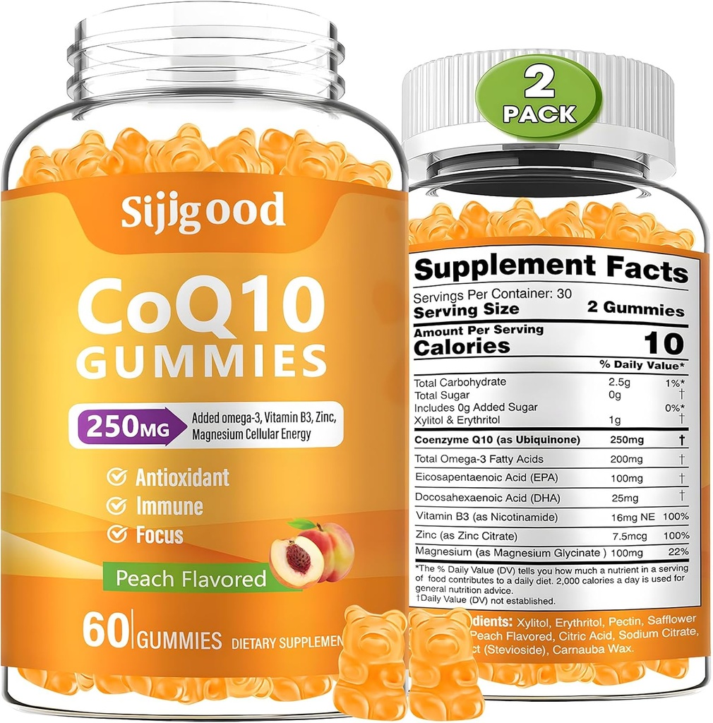 2 Pack CoQ10 Gummie, Plus Omega-3, Vitamin B3 und Zink, Magnesium, 5X High Absorption Coenzym Q10 Ergänzungen, q10 für Boost Cellular Energy, Potent Antioxidant & Gehirn, Peach Flavor, 120 Cts