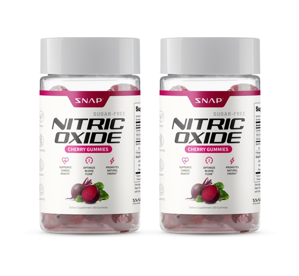 Snap Suppléments Gommies de racine de betterave, supplément d'oxyde nitrique avec betteraves organiques, vitamines, grenade et antioxydants pour l'énergie, la santé cardiaque et le soutien de la circulation, 60 Gommies sans sucre, 2 Pack, cerise