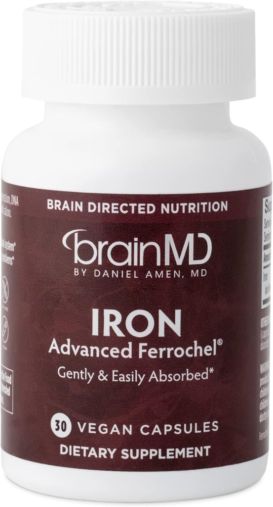 BRAINMD Dr Amen Iron - 30 Kapseln - Unterstützt Energieproduktion, Kognitive Funktion & Gene Regulation - Gentle &amp; Easily Absorbiert - Glutenfrei - 30 Portionen