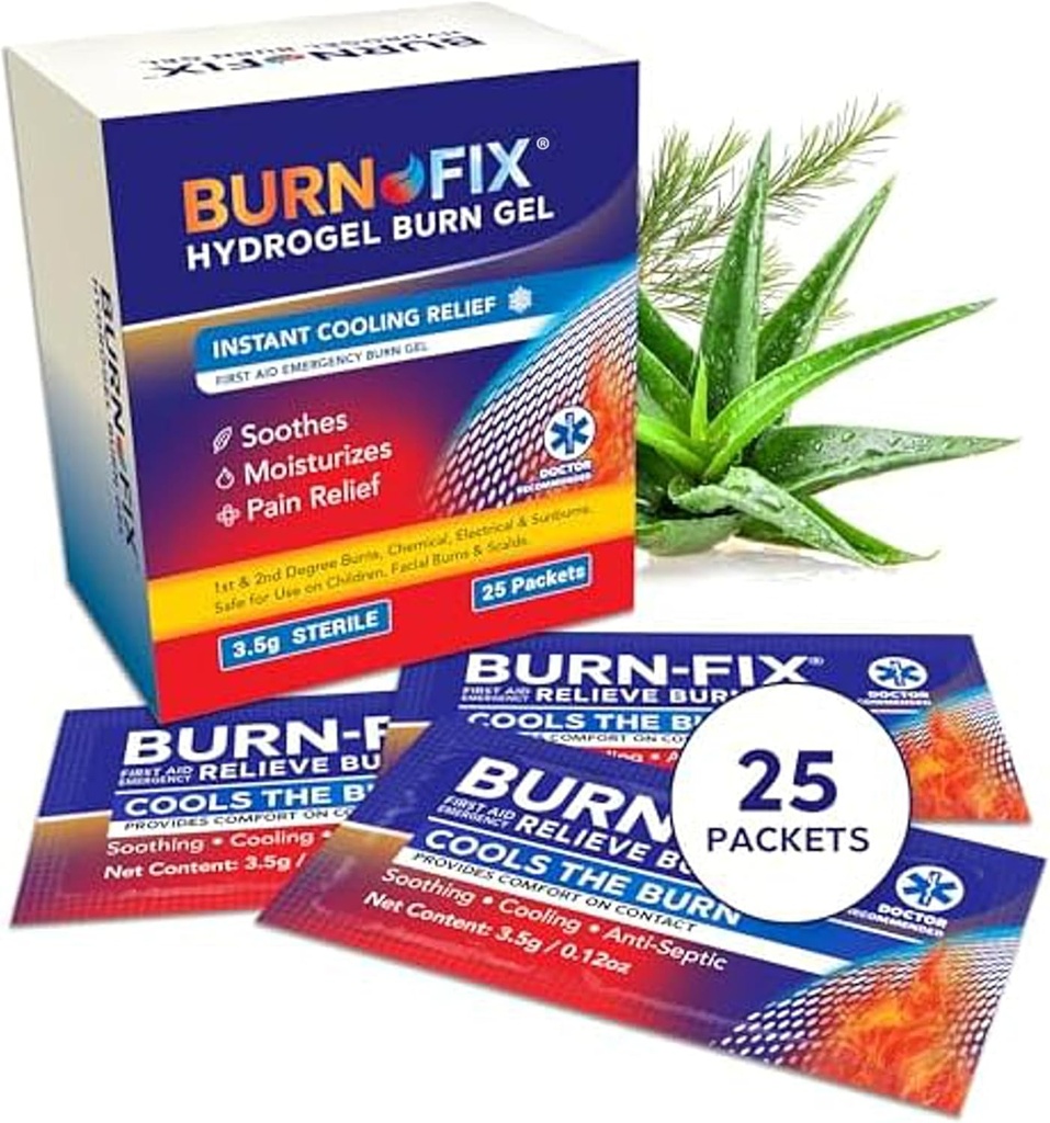 BurnFix® Hydrogel Burn Gel Packets – 3,5 g Beruhigende Erste Hilfe Burn Cream für sofortiges Kühlen Relief auf Minor Burns, Sunburns & Scalds ♥ Ideale Notfall Kit Essential (Pack von 25)