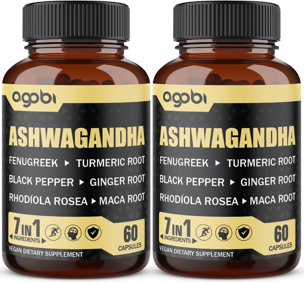 2 Packungen 60 Kapseln - 8050mg Ashwagandha Extract Supplement - 7in1 mit Fenugreek, Maca, Turmeric, Rhodiola, Ginger & Black Pepper - Spirit, Immun & Energy Support - 4 Month Supply
