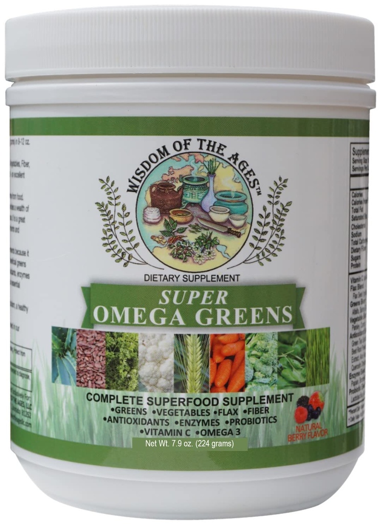 Super Omega Greens Complete Superfood Supplement avec Verts, Légumes, Lin, Fibre, Antioxydants, Enzymes, Probiotiques, Vitamine C et Omega 3-7,9oz Poudre