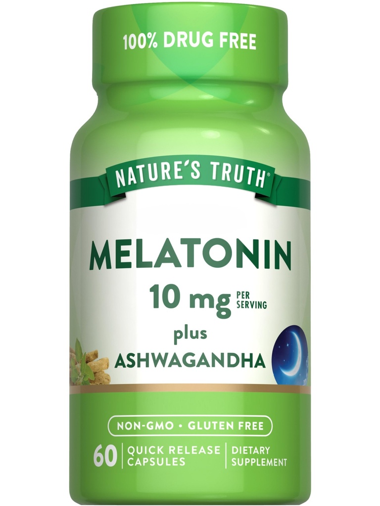 Nature's Truth Melatonin 10mg mit Ashwagandha | 60 Kapseln | Non-GMO & Gluten Kostenlose Ergänzung für Erwachsene