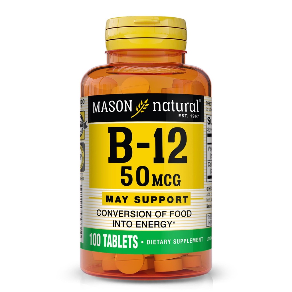 MASON NATURAL Vitamin B12 50 mcg mit Calcium, 100-Tage-Versorgung, Nahrungsergänzung zur Unterstützung natürlicher Energiestufen, 100 Tabletten (Pack von 1)