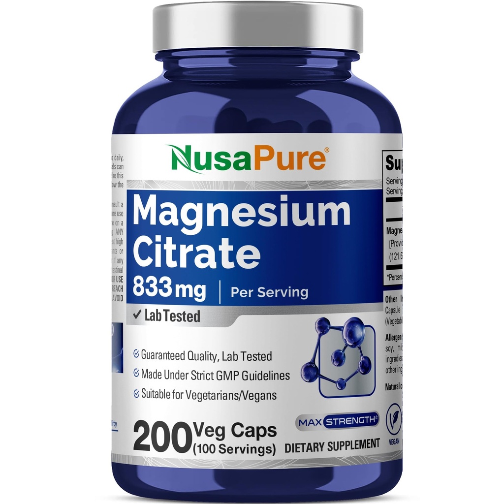 NusaPure Magnesium Citrate 833mg - 200 Veggie Capsules (Vegetarian, Non-GMO, Vegan)