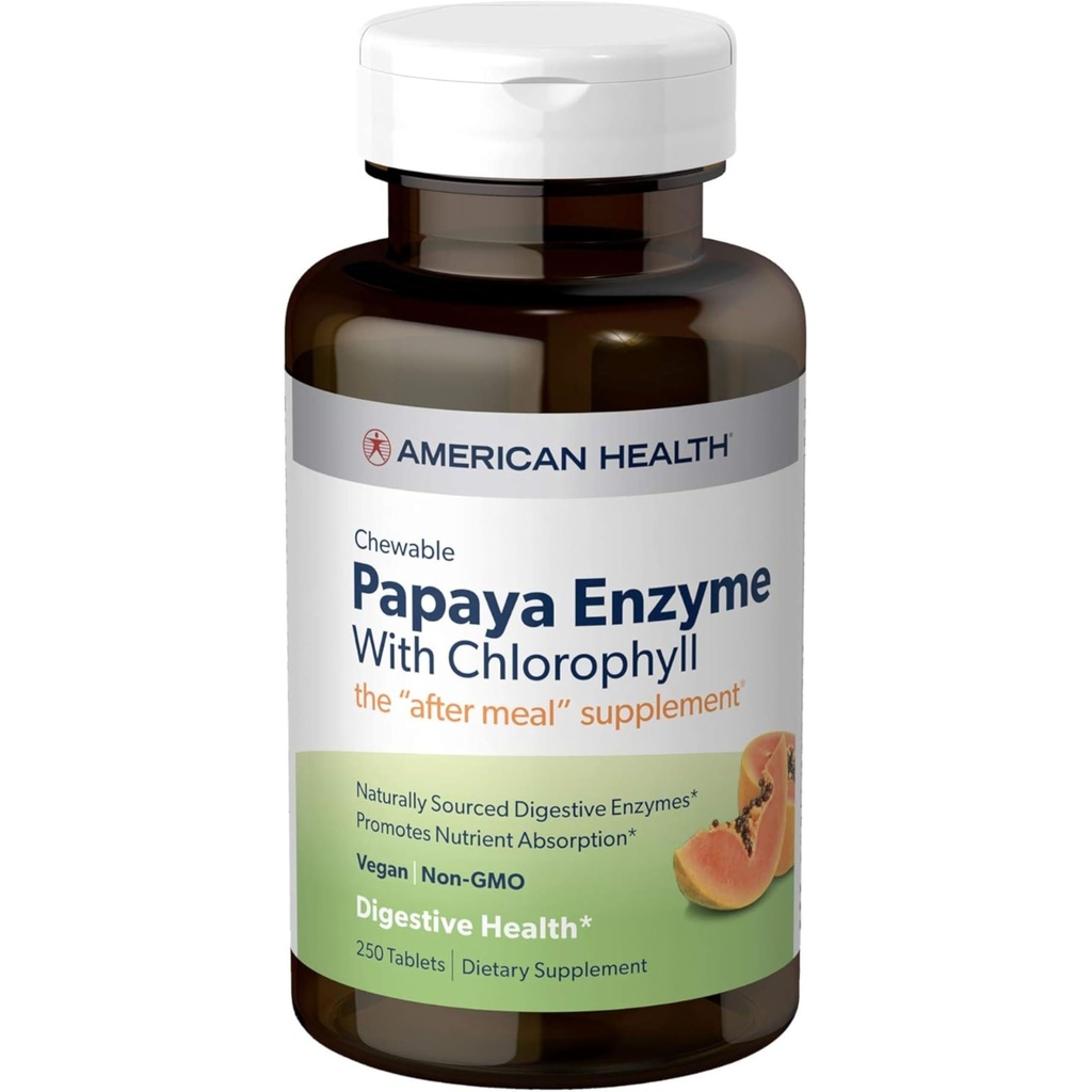 American Health Papaya Enzyme Kautabletten - Fördert Nährstoffabsorption, Hilft Verdauung und Erfrischung Atem mit Chlorophyll & Pepermint Öl - Glutenfrei, Vegetarisch - 250 Count