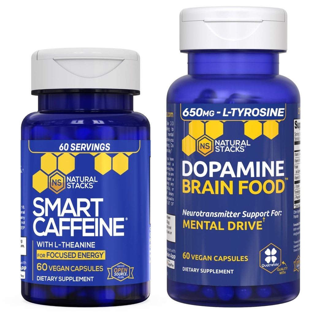 STACKS NATURELS Smart Caffeine + Dopamine Cerveau Food Bundle - Supporte l'énergie, le focus et la conduite mentale* - 120 Capsules totales