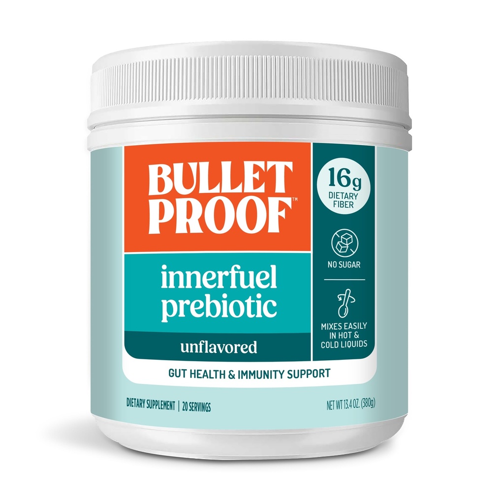 Bulletproof Unflavored Innerfuel Prebiotic Fiber Powder, 13,4 Unzen, Nahrungsergänzungsmittel für Gut Gesundheit, Verdauungs- und Immununterstützung, Pflanzenquelle Prebiotics, 0g Zucker, Verpackung Mai Vary
