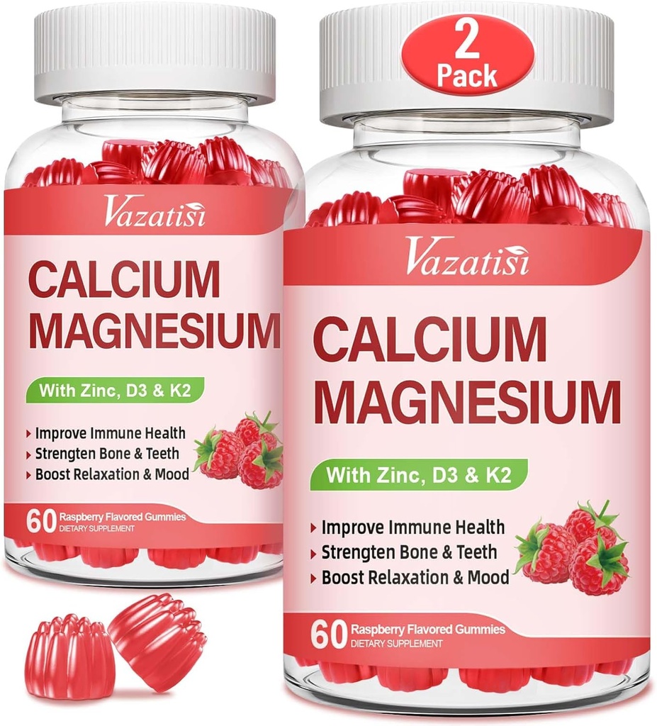 Calcium-Magnesium Zink-Gummien mit Vitamin D3 & K2, hohe Absorption Magnesium-Glycinat-Kalium für Immun- und Kalm-Mood, Himbeer Flavor 120 Gummis