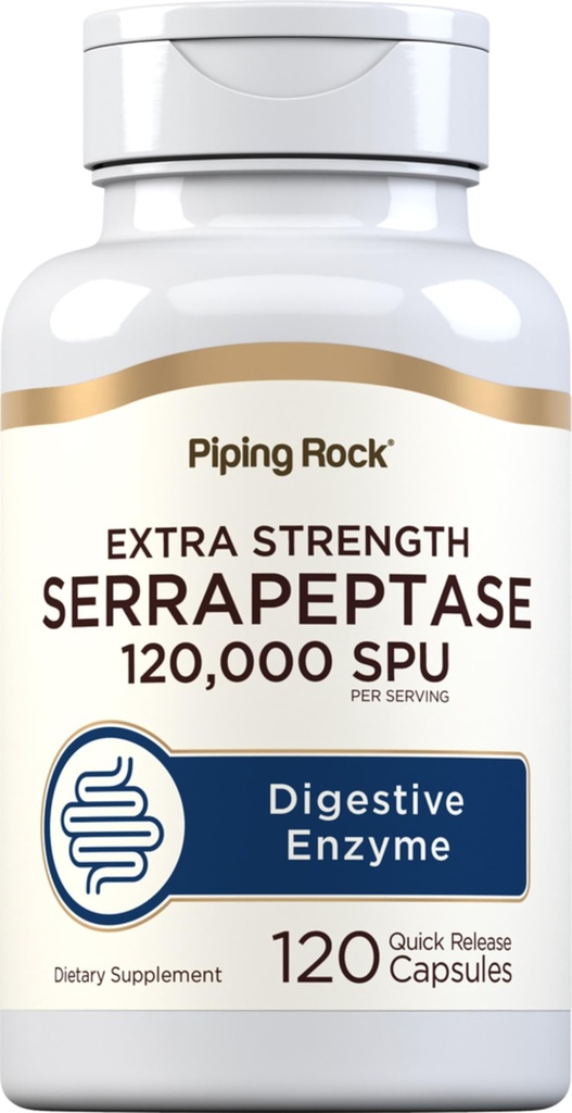 Piping Rock Serrapeptase 120000 SPU | 120 Capsules | Digestive Enzyme | Extra Strength Supplement | Non-GMO, Gluten Free