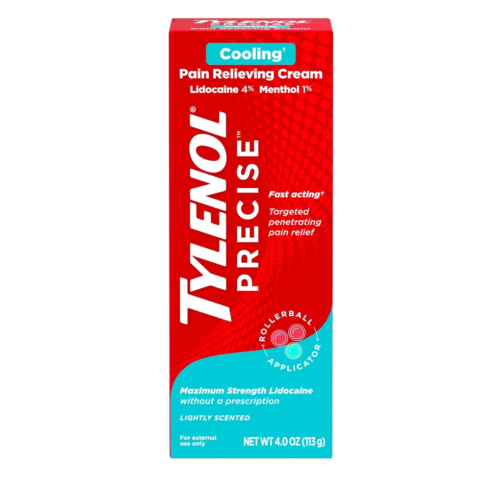 Tylenol Precise Cooling Numbing Cream, Maximale Stärke 4% Lidocaine & 1% Menthol topische Analgetik, Schmerzlinderung Creme für Rücken, Muskel & Gelenk, Rollerball Applicator, Fast-Acting, Licht Duft, 4 Unzen