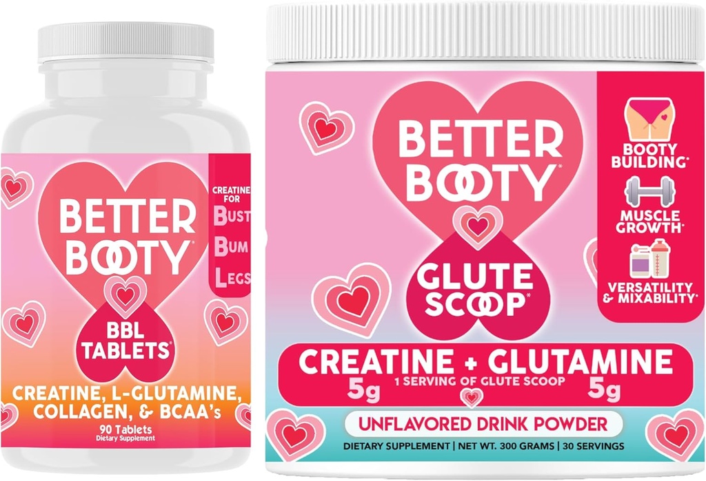 Angry Supplements Better Booty Women's Creatine Combo: BBL Tabletten (90ct) w. Creatine, Glutamine, BCAA's, Collagen + Glute Scoop Creatine & Glutamine Unflavored Drink Mix