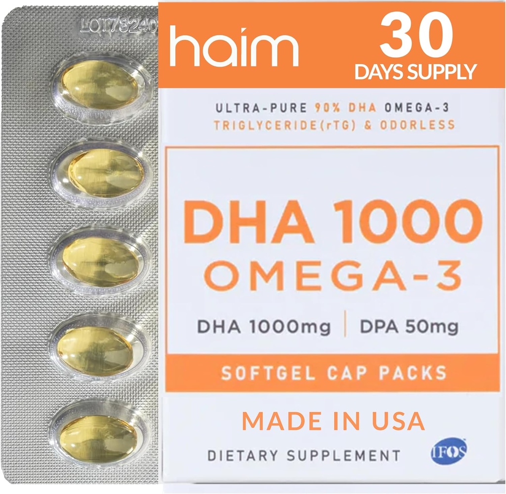 HAIM DHA 1000 Omega-3 Fischöl - 90% Reinheit mit 1000mg DHA, 50mg DPA - Hohe Potenz Fischöl-Ergänzung für Brain, Eye & Heart Support - Fördert allgemeine Wellness & Fokus - 1 Box, 60 Softgels