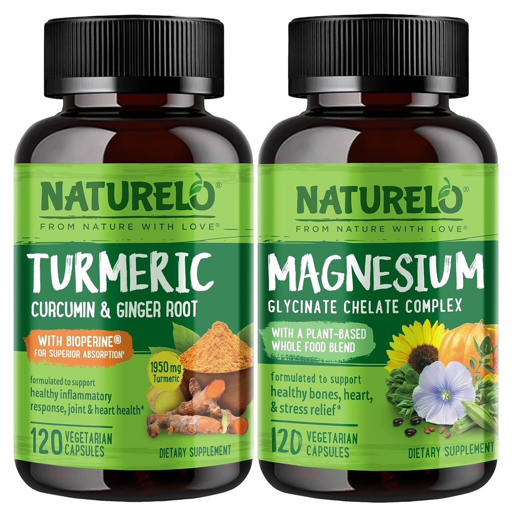 NATURELO Tumeric Curcumin, Plant Based Joint Support, Magnesium Glycinate, 200 mg Magnesium - Glutenfrei, Non GMO - 120 Kapseln