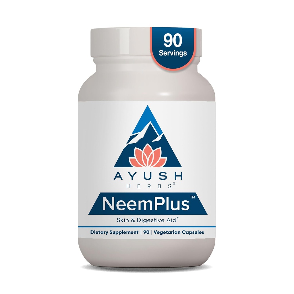 Ayush Herbs Neem Plus - Santé digestive pour les femmes et les hommes, Supplément de soutien pour la santé de l'estomac et de la peau, Soutien immunitaire - 90 capsules végétariennes (1 comte)