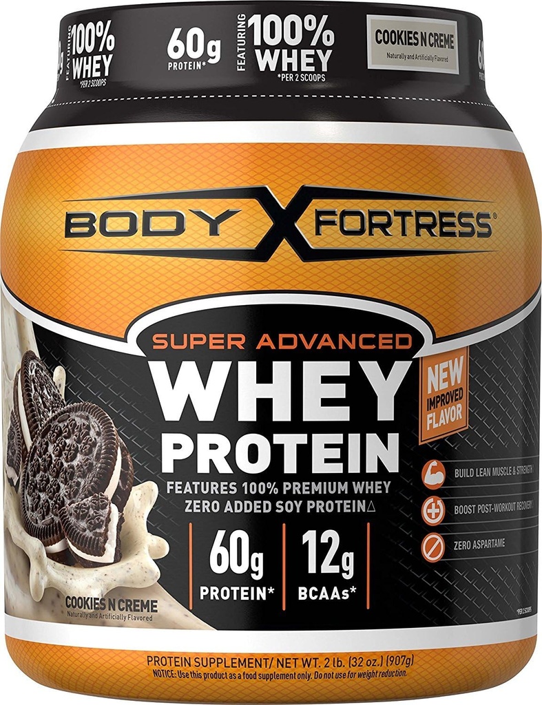 Forteresse du corps Poudre de protéines Whey, Cookies N' Creme, Sans aspartame, 60 G Protéines par portion, 2 Lbs