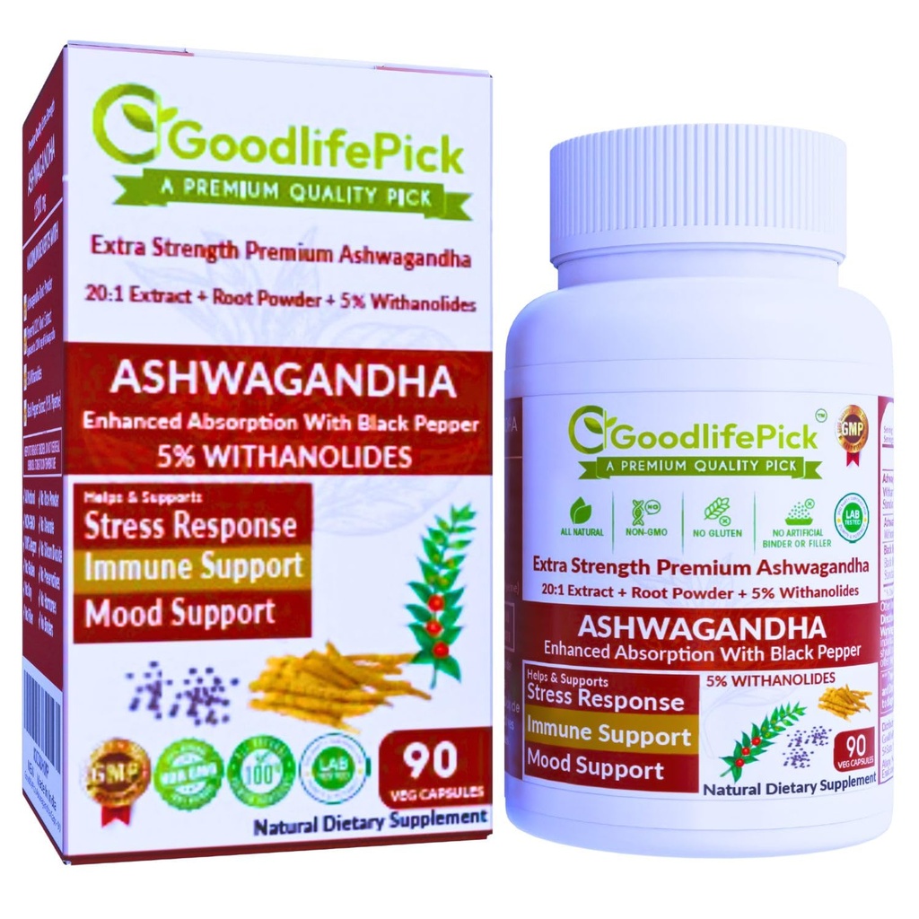 Premium Ashwagandha Kapseln mit schwarzem Pfeffer. Leistungsstarke 5% Wthanolide aus Ashwagandha Pulver & 20:1 Extrakt 90 ct. Natürliche NonGMO NO Rice Powder NO Filler